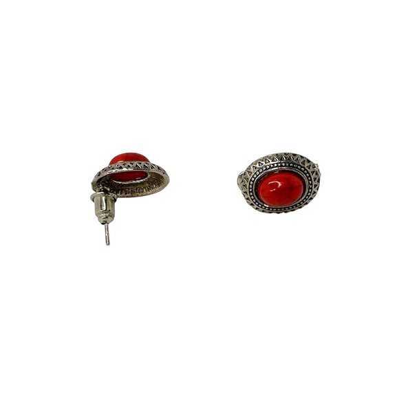 Vintage Inspired Red Coral & Silver Oval Stud Earrings Elegant Timeless Jewelry - Picture 3 of 5